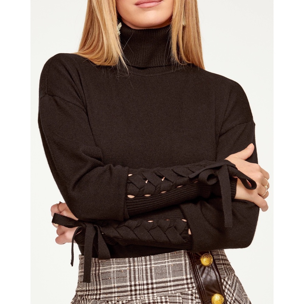 Ramy Brook Walt Turtle Neck Long Lace-Up Sleeve Top in Black, Size L New w/Tag